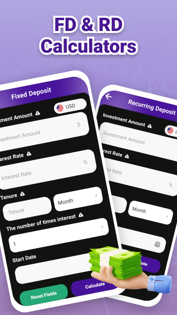 Fixed deposit and recurring deposit calculator screens with inputs and calculate actions