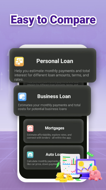 Easy to compare personal loan, business loan, mortgages and auto loan options in the app