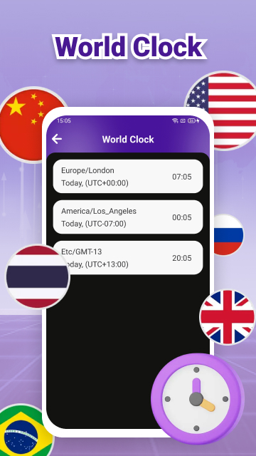 World clock showing times for London, Los Angeles and other time zones